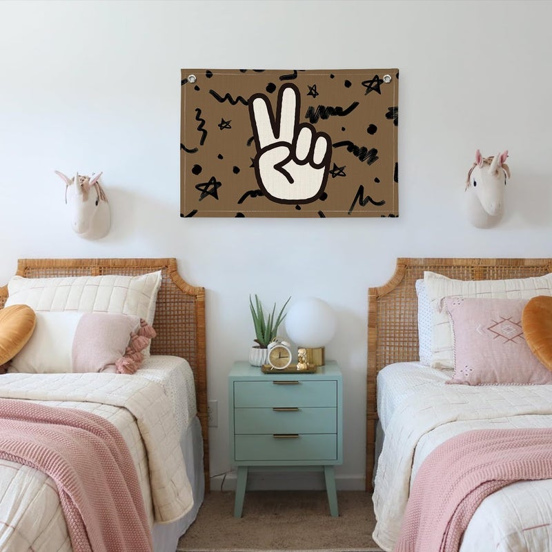 PLKMN Boys Room Playroom Nursery Decor, Peace Hand Linen Banner Wall Hanging Flag, Retro Preppy Boys Gifts for Boy Room Dorm Decor 20x30 - Image 5